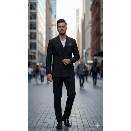 3043 Gofre Çizgili  Kruvaze Takım Elbise Siyah