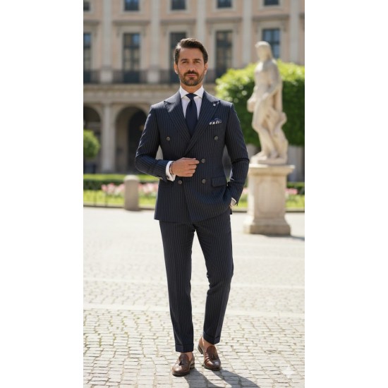 3043 Gofre Çizgili  Kruvaze Takım Elbise Lacivert