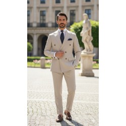 3043 Gofre Çizgili  Kruvaze Takım Elbise Bej