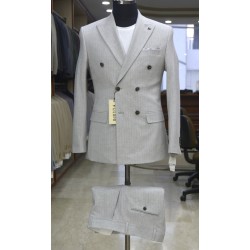 3043 Gofre Çizgili  Kruvaze Takım Elbise Gri