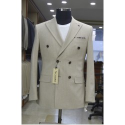 3043 Gofre Çizgili  Kruvaze Takım Elbise Bej