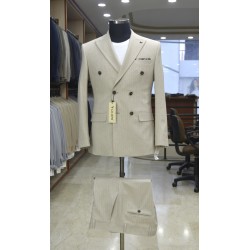 3043 Gofre Çizgili  Kruvaze Takım Elbise Bej